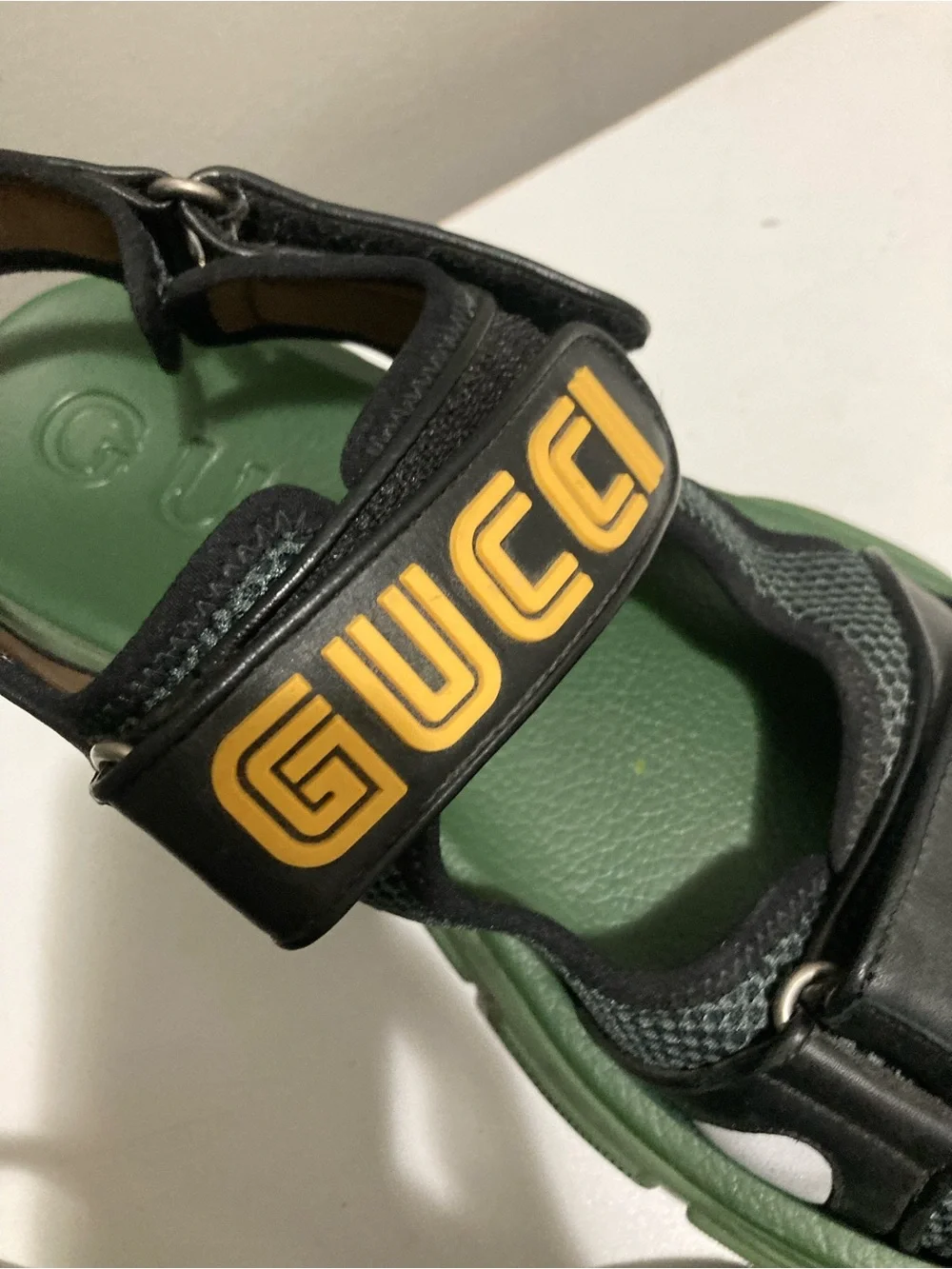 Gucci x Sega Aguru Black, Olive Green & Yellow Mesh Logo Platform Sandal